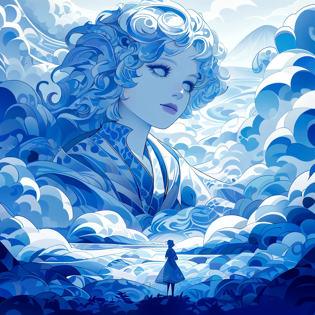 Landscape HD computer wallpaper 8k shocking real, blue and white matisse nu bleu like art, nu bleu style, matisse nu bleu style art, nu bleu shapes, nu bleu art style, nu bleu matisse style-like, nu bleu copy, a woman sewing in the garden, simple draft shapes, no complex shapes, very very simple shapes, blue and white