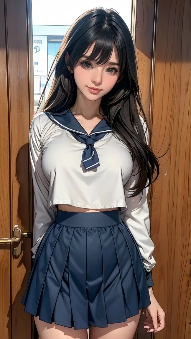 1girl, 18 years old, couple focus , japanese girl , (smile:0.7) , Upper body, beach volleyball,Please think back, (Never wear a skirt), sailor suit, long sleeve, navy blue bloomers, The fabric of the bloomers is thin, grinning smile, long hair, curtain bangs, black hair , (high color saturation:1.0), (highly detailed skin), (highest quality:1.0), (ultra high resolution:1.0) ,(realistic:1.0), (Super detailed:1.0), (8K, RAW photo:1.1), conjoined_dicephalus, (two heads:1.2)