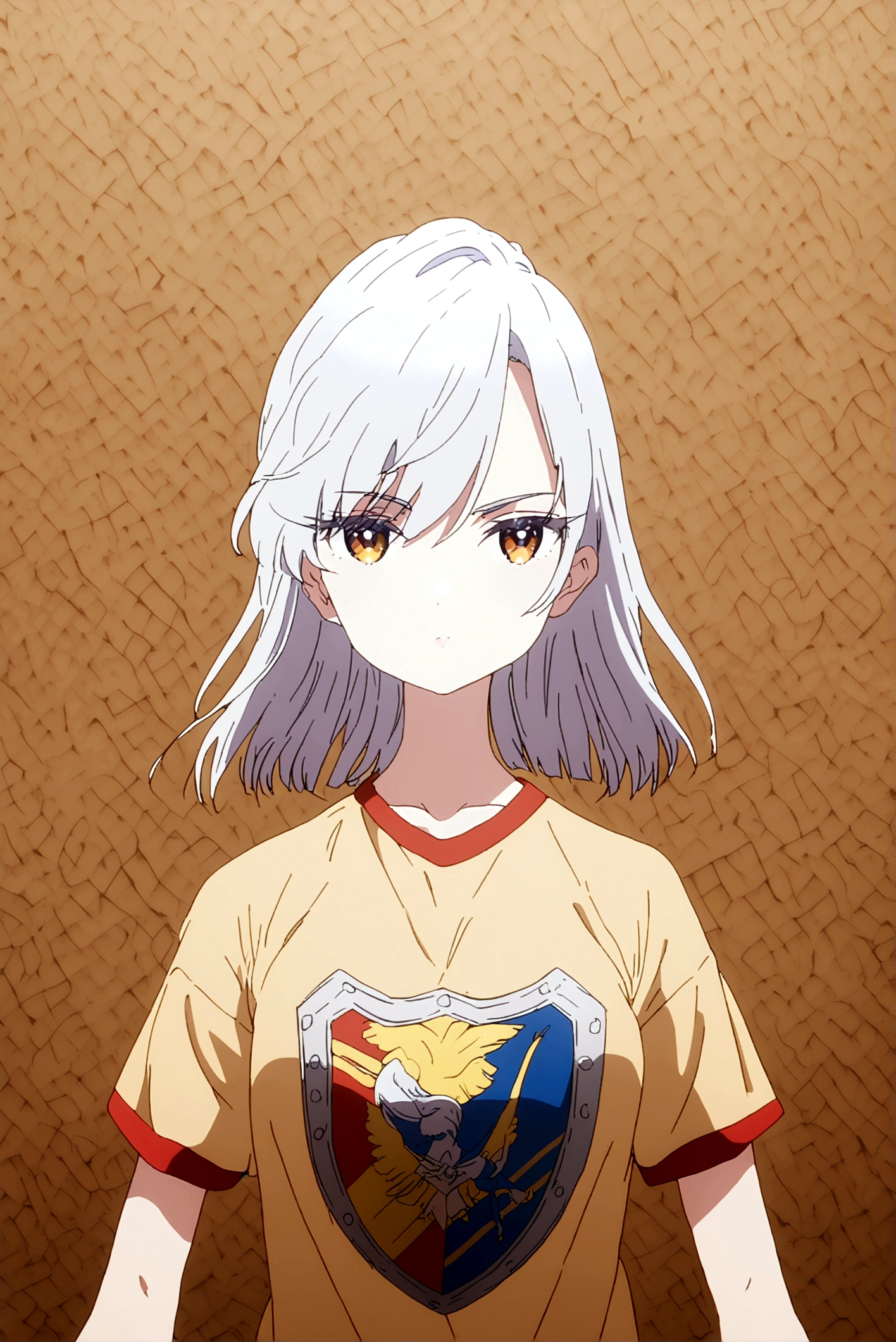 white hair girl (nano) wearing the shirt with the three colors yellow, blue and red in the center of the shirt the shield of Ecuador 