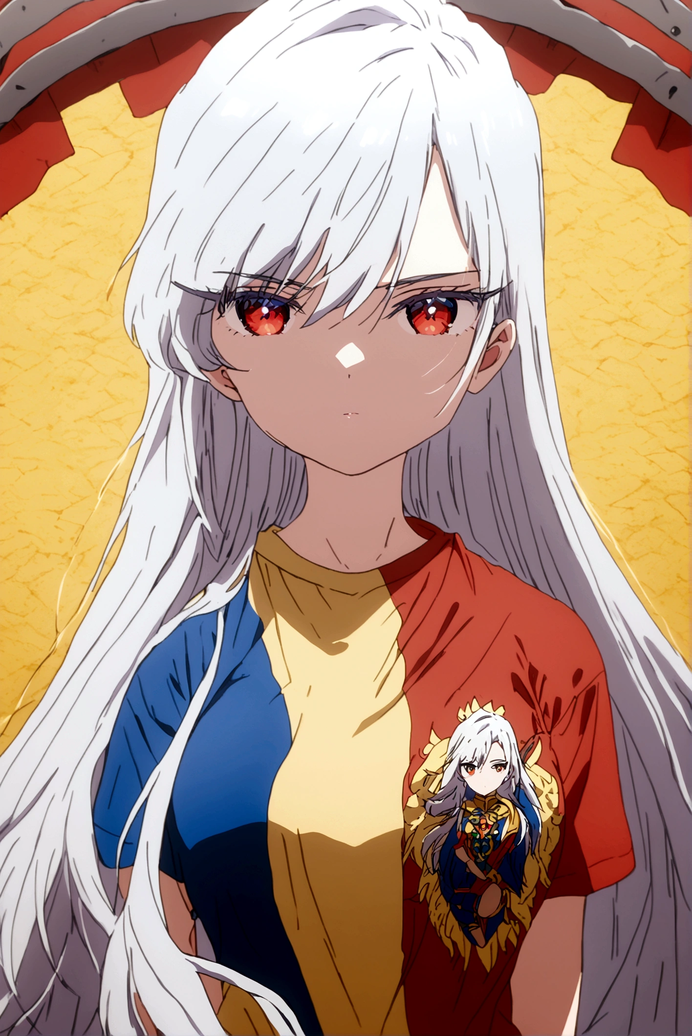 white hair girl (nano) wearing the shirt with the three colors yellow, blue and red in the center of the shirt the shield of Ecuador 