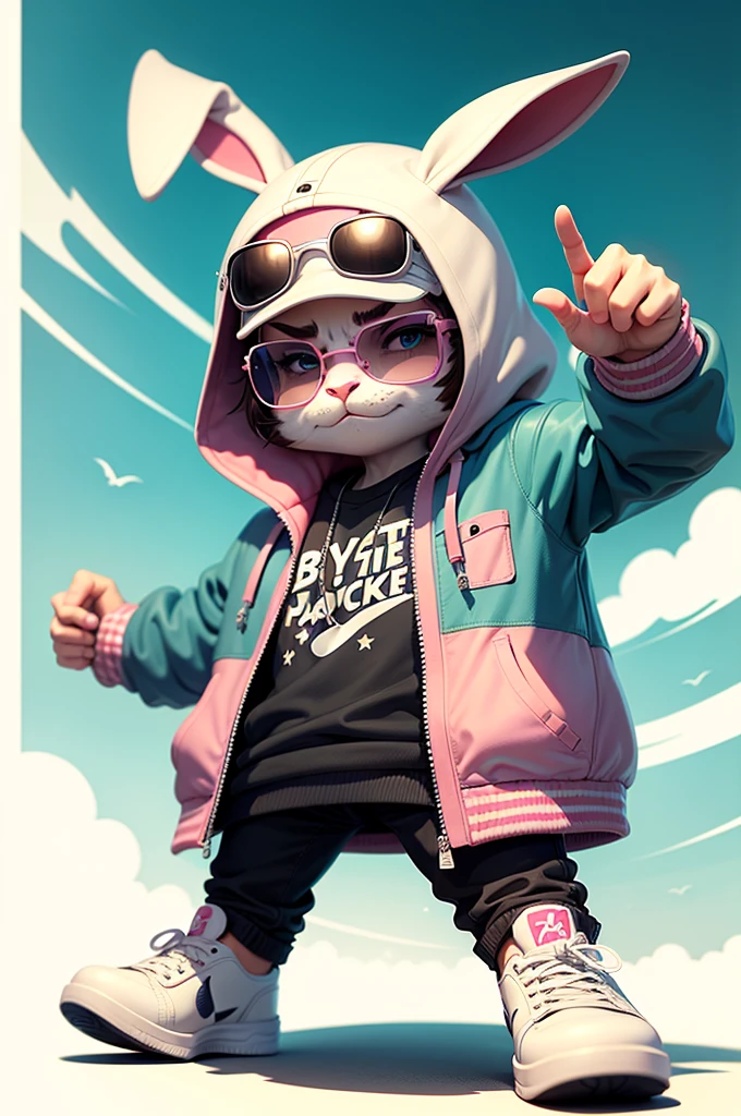 C4tt4stic, Cartoon pink Rabbit in jacket white and skateboard, Sunglasses,