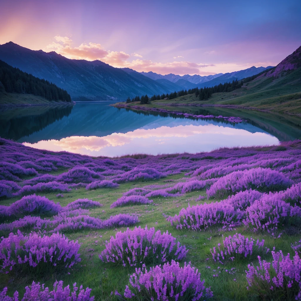 Beautiful landscape, sky, light, water, purple