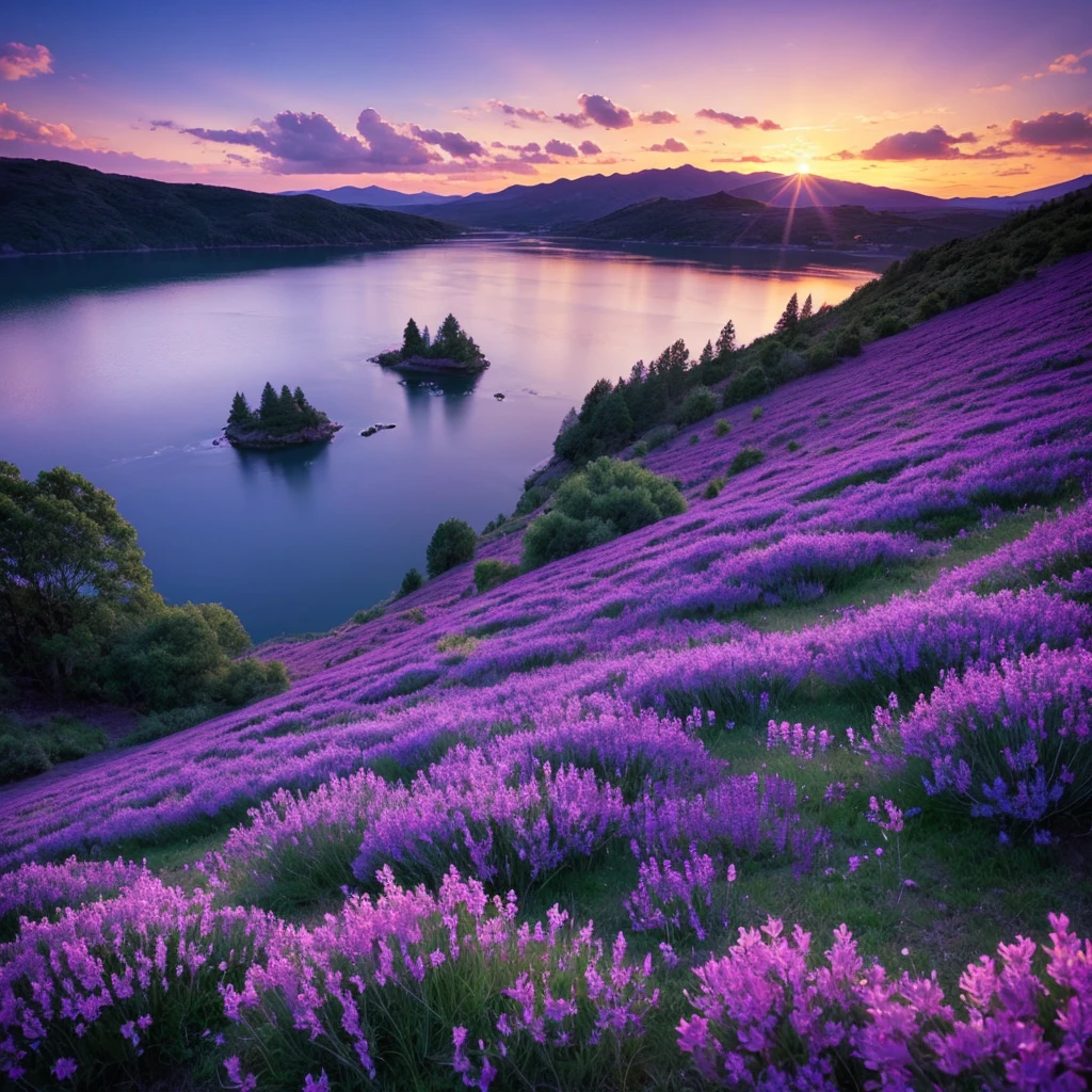 Beautiful landscape, sky, light, water, purple