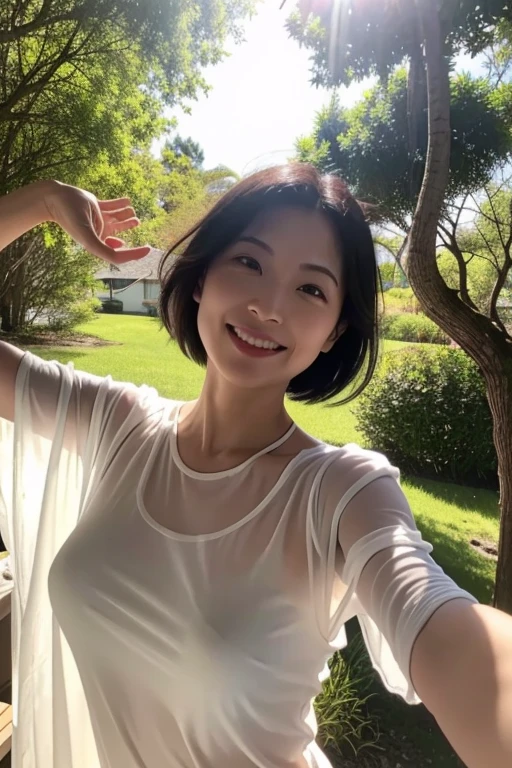 High resolution、8K、Soft Light、Backlight、Bob Hair、Sexy 45 year old Japanese wife、（Hang the laundry out to dry:1.5）、See-through clothing、Outdoor、blue sky、Clear skies、Grass、Sunlight filtering through the trees、View from below、A carefree smile、The best smile、Sheer silhouette
