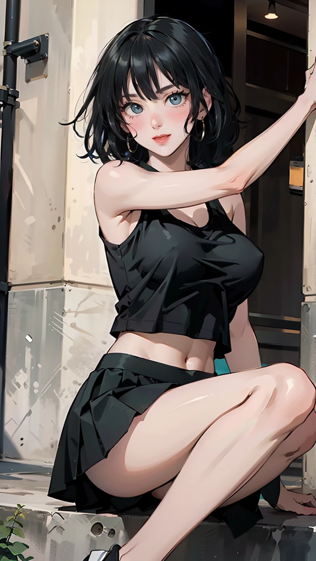 ((((highest quality)))), (((Ultra-precision CG 16K))), (((masterpiece))), (((Very detailed))), (((Extremely detailed))), (((Black outline:1.3, Written boundary depth:1.3 , Written soft outline))), Blur, Bokeh, Maximum clarity and sharpness,Multilayer Texture, Surface Shading, Cinematic lighting, Beautiful details sparkle ,Perfect Proportions, Limited to three woman, BREAK accurate, Anatomically correct, Highly detailed face and skin texture, drawn in detail, Highly detailed facial and skin texture, Detailed eyes, beautiful hair, Beautiful Japanese Idol face, Beautiful and beautiful eyes, Beautiful body, Beautiful breasts, Beautiful thighs, Beautiful legs, Beautiful fingers, (Beautiful views) , skinny body, ((Beautiful Skin)), ((Skin Texture)) BREAK breast enlarged, huge Breasts, rocket breasts, (((perky breasts))), covered nipples ,slender waist, (blush, determined expression, Heavy breathing,) BREAK (((no-bra, wearing oversized tank-tops and black inner wear, sportswear, low rise, mini-skirt with slits, no-sleeve, breast is covered by outfit))) , wearing earrings, BREAK ( stick breast out),((( a woman sitting on steps of the school:1.3, stretching out, from side , from below, looking at viewer, close up face))),