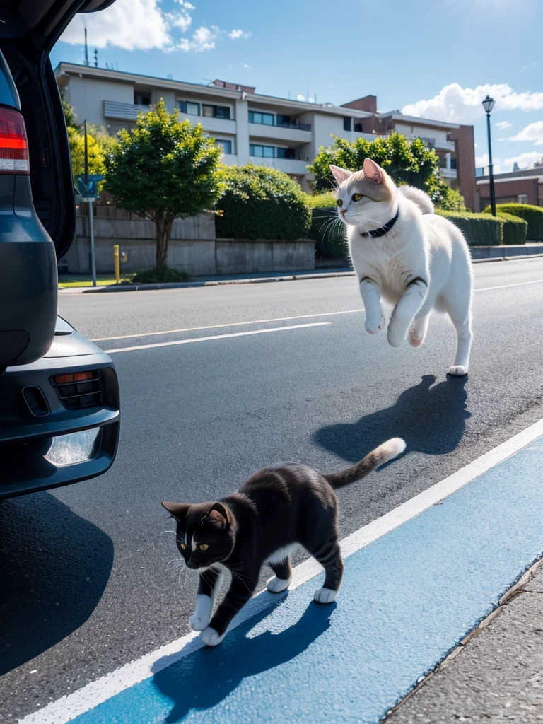 Side view of a cat running away from a car in a parking scene with a blue sky and sunny weather
