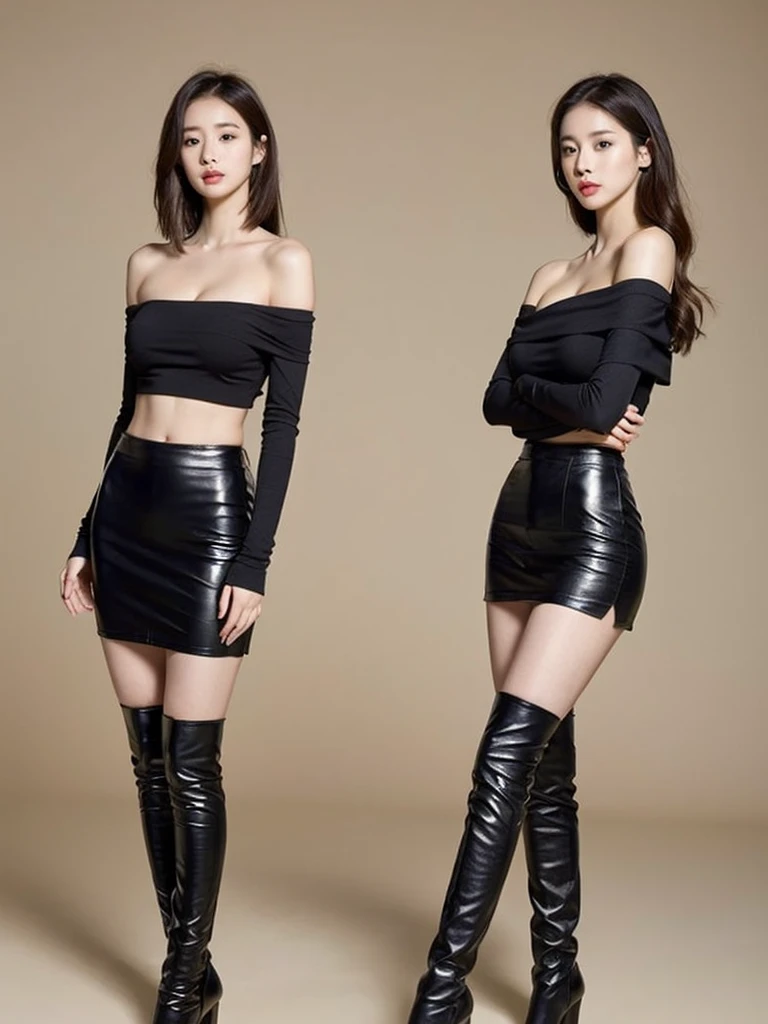 Taiwanese women，Female Model，Slim，Good shape，big breasts，HD， off-shoulder Crop top , leather mini skirt，under knee boots，blond,whole body photo