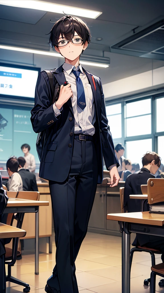 Casual jumper and slacks、A student wearing knee-high socks plays Game &amp; Watch on his way to school。Next to him, a businessman is checking his electronic organizer.。