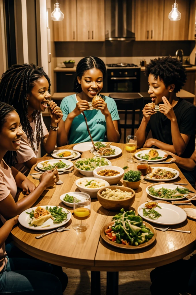 Three people are eating dinner together.