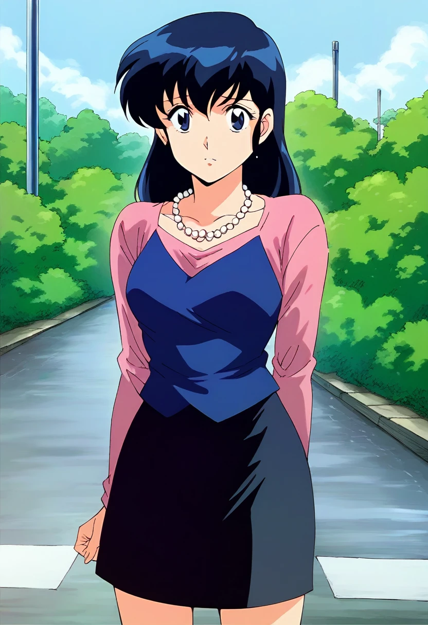 Kyoko,score_9,score_8_superior,score_7_superior,sauce_anime,One girl,alone,View your viewers,in the forest,asphalt paved,paved,Pearl Necklace,force_line,Grey Sky,Rain,Black mourning clothes,length_skirt,black skirt,skirtを捲るパンティカウボーイ_shot,Front view,Are standing,Sad face:d,arms_behind_return,