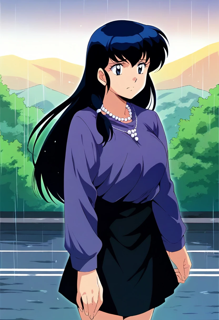 Kyoko,score_9,score_8_superior,score_7_superior,sauce_anime,One girl,alone,View your viewers,in the forest,asphalt paved,paved,Pearl Necklace,force_line,Grey Sky,Rain,Black mourning clothes,length_skirt,black skirt,skirtを捲るパンティカウボーイ_shot,Front view,Are standing,Sad face:d,arms_behind_return,