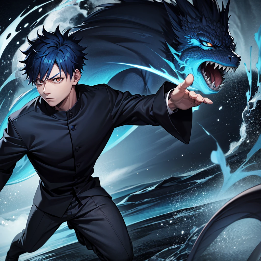 one japanese man, blue hair, orange eyes, high res, masterpiece, ultrasharp, jujustu kaisan style, jujutsu kaisen background, with a dragon