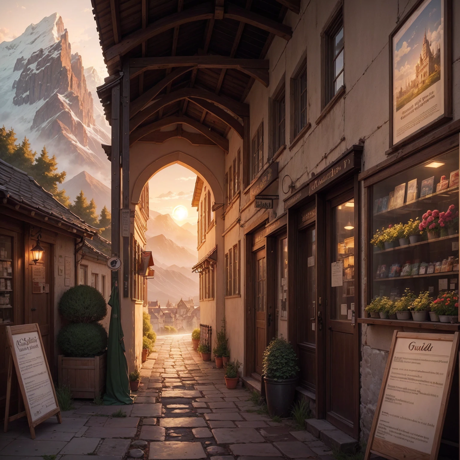 anime background, anime wallpaper, anime, anime style, lofi, lofi style, medieval street, mountains, uphill, medieval architecture, medieval convenience store, big retro medieval shop signs, retro medieval store, trees, plants, rocks, plant pots, shop signs, medieval banners like (guild, blacksmith, alchemist, restaurant), medieval signs, flags, sunrise, golden hour, golden lighting, empty street, no one in sight (no one: 1)