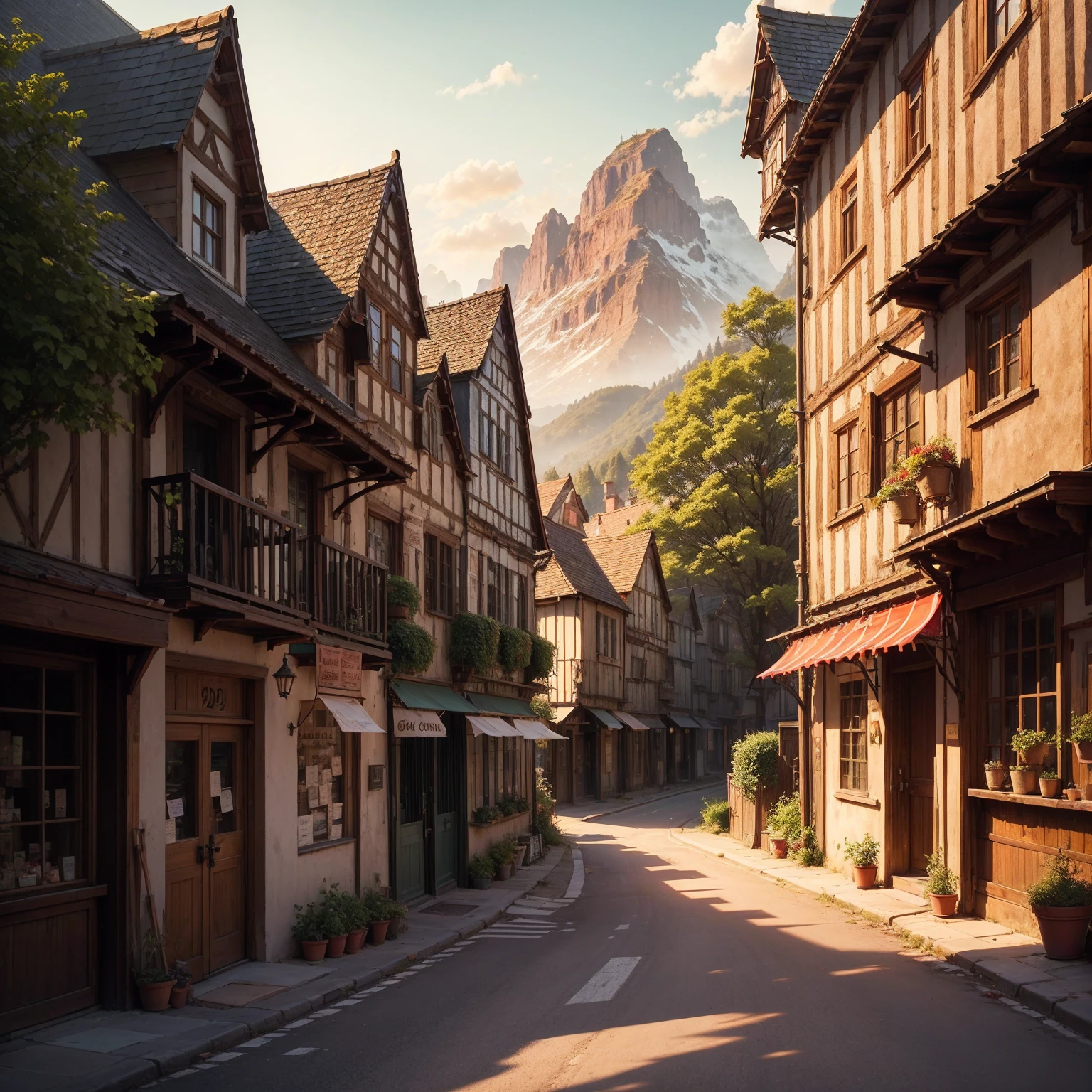 anime background, anime wallpaper, anime, anime style, lofi, lofi style, medieval street, mountains, uphill, medieval architecture, medieval convenience store, big retro medieval shop signs, retro medieval store, trees, plants, rocks, plant pots, shop signs, medieval banners like (guild, blacksmith, alchemist, restaurant), medieval signs, flags, sunrise, golden hour, golden lighting, empty street, no one in sight (no one: 1)