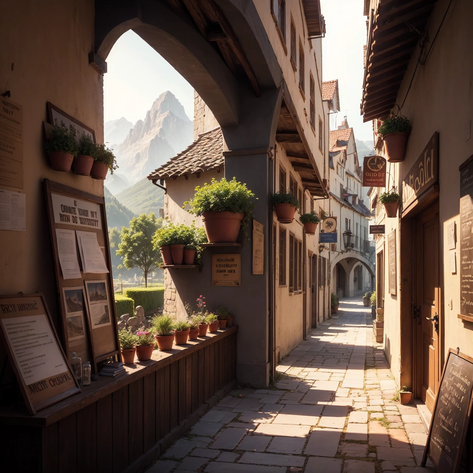 anime background, anime wallpaper, anime, anime style, lofi, lofi style, medieval street, mountains, uphill, medieval architecture, medieval convenience store, big retro medieval shop signs, retro medieval store, trees, plants, rocks, plant pots, shop signs, medieval banners like (guild, blacksmith, alchemist, restaurant), medieval signs, flags, sunrise, golden hour, golden lighting, empty street, no one in sight (no one: 1)