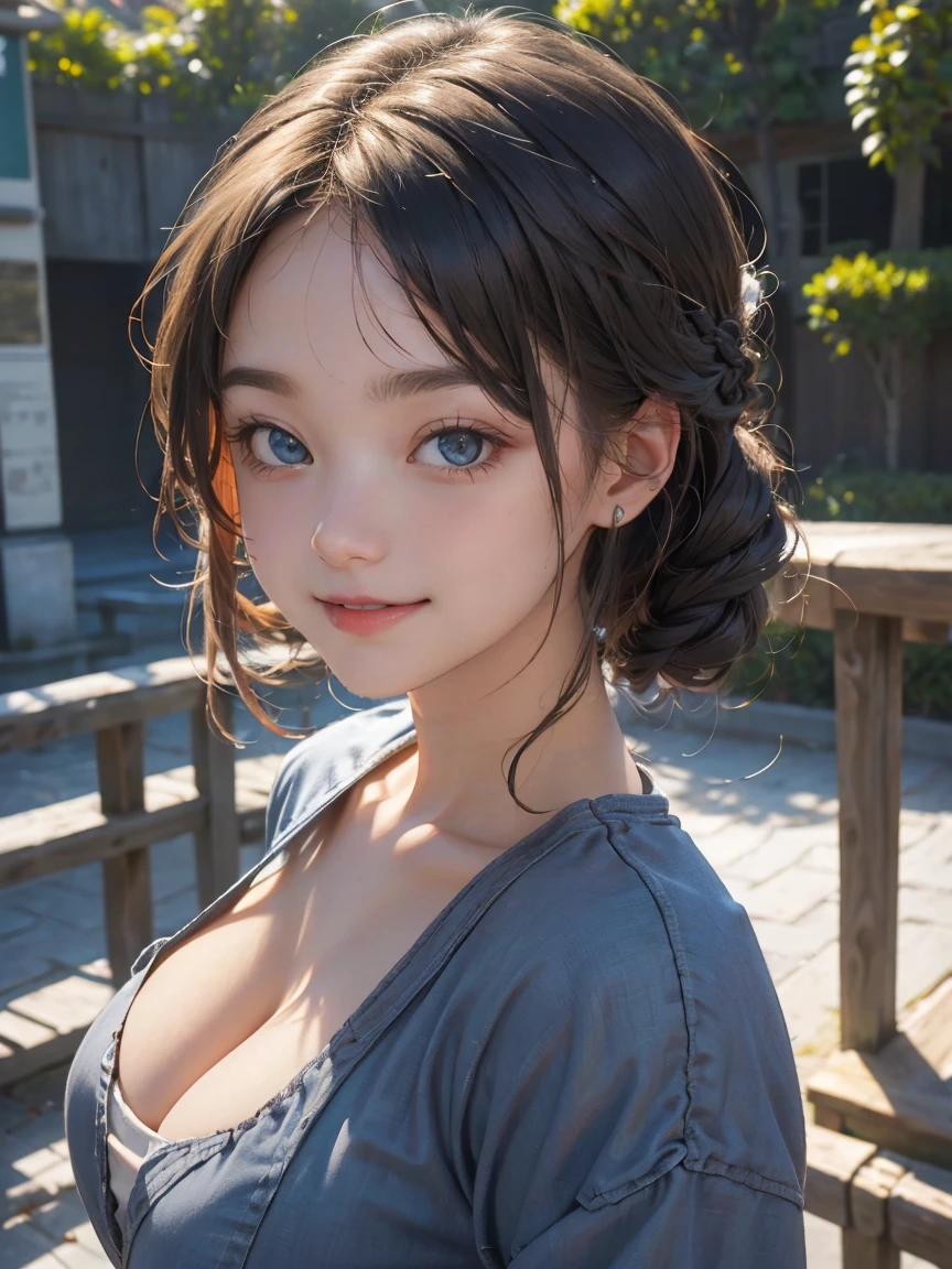 (highest resolution、separate_video) best quality、((light))、very detailed、semi-realistic、((assembly)),braided hairstyle、smile、forehead、섬세한 facial features、facial features、View below、((detailed eyes)) , portrait , nsfw , huge breasts