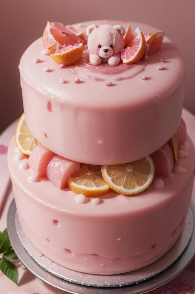 (image of musse jelly in pink tones with decoration of fruits and a bear ), From soft floral notes to fresh citrus fragrances, each soap, 6k,UHD,HDR,professional lighting, 64k wallpaper, vivid colors, User information, photo of musse jelly in pink tones with fruit decoration and a pink bear with a cherry on top, beautiful cake texture, realist, super detailed,food photography,high quality, Masterpiece, intricate, HDR bear shape