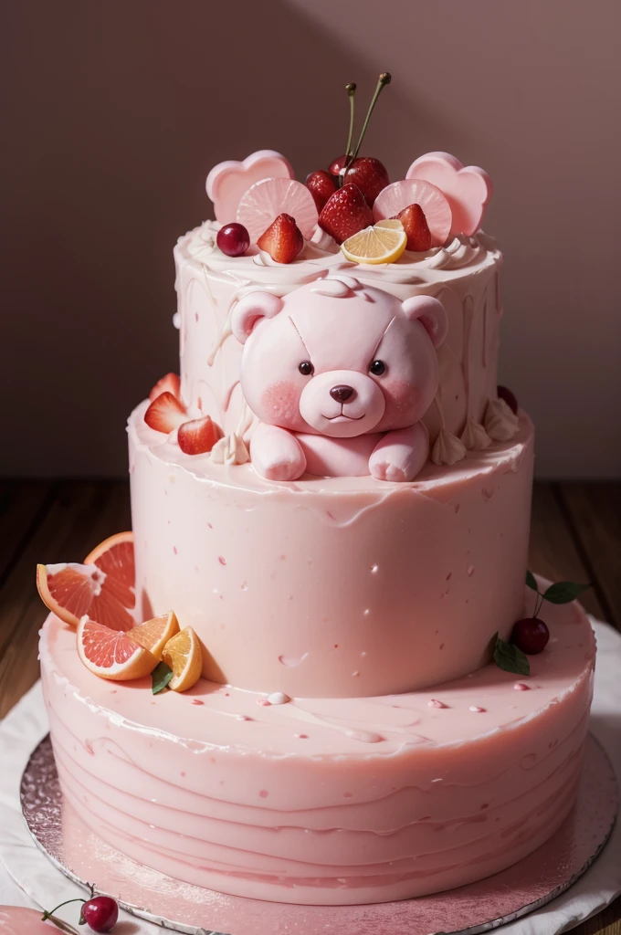 (image of musse jelly in pink tones with decoration of fruits and a bear ), From soft floral notes to fresh citrus fragrances, each soap, 6k,UHD,HDR,professional lighting, 64k wallpaper, vivid colors, User information, photo of musse jelly in pink tones with fruit decoration and a pink bear with a cherry on top, beautiful cake texture, realist, super detailed,food photography,high quality, Masterpiece, intricate, HDR bear shape