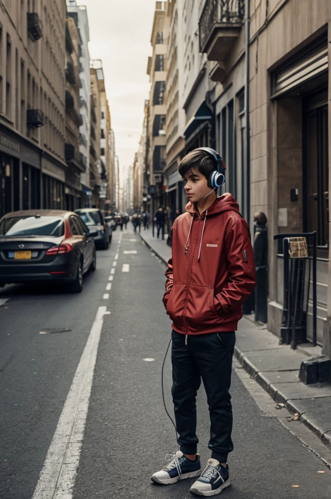 Boy standing on the street with headphones on,en comic andegraund 23k