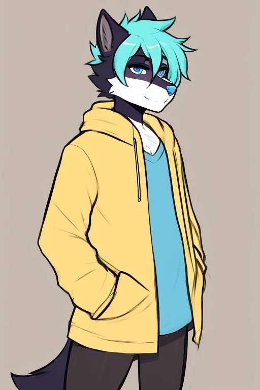 by Oro97, high res, high quality, outline, borderline, sketch line, wolf, male, twink shape, barely girly, dark yankees_blue fur, blue eyes, blue nose, fox tail, fox tail tip, yellow hoodie, cyan hair, white cheek tuft, hands on pockets, black leggings, baggy hoodie, con un balon de futbol,