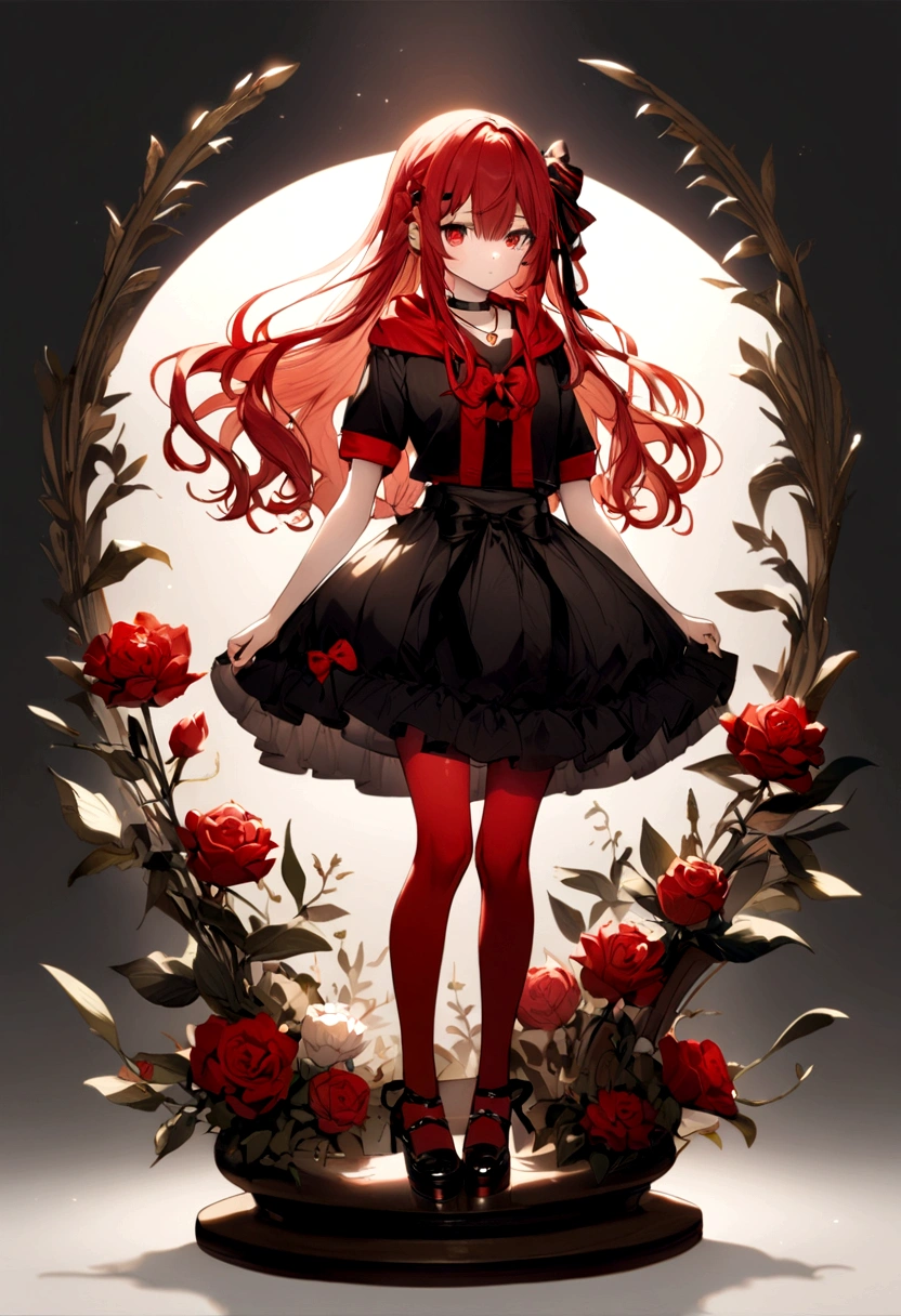 a girl with a black skirt and a small red shirt on top of is red stockings . red zip up hoodie, black shirt underneath with short sleeves and ,red hair, long hair and a flower with a ribbon on the bottom on the side on the hair and red eyes has a black Choker , and a small heart red necklace , has a ribbon bow waistband, main color red , full body 