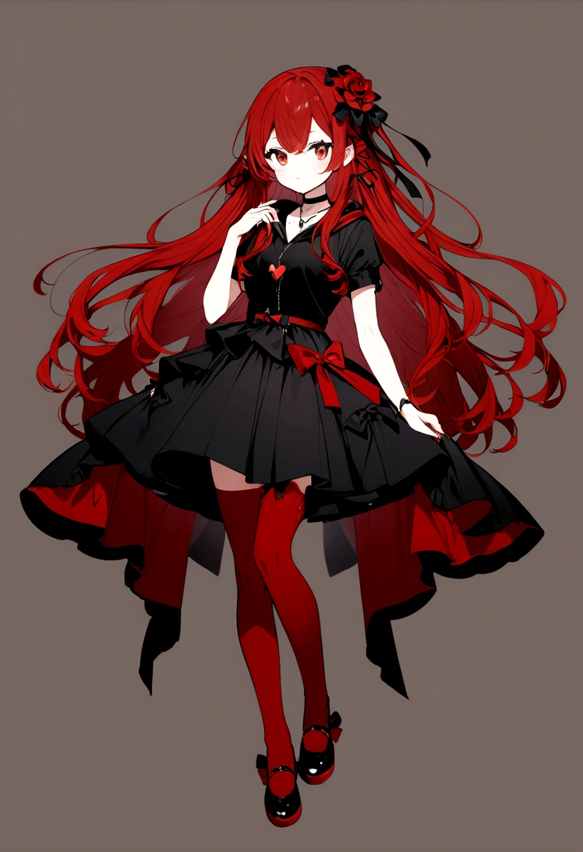 a girl with a black skirt and a small red shirt on top of is red stockings . red zip up hoodie, black shirt underneath with short sleeves and ,red hair, long hair and a flower with a ribbon on the bottom on the side on the hair and red eyes has a black Choker , and a small heart red necklace , has a ribbon bow waistband, main color red , full body 