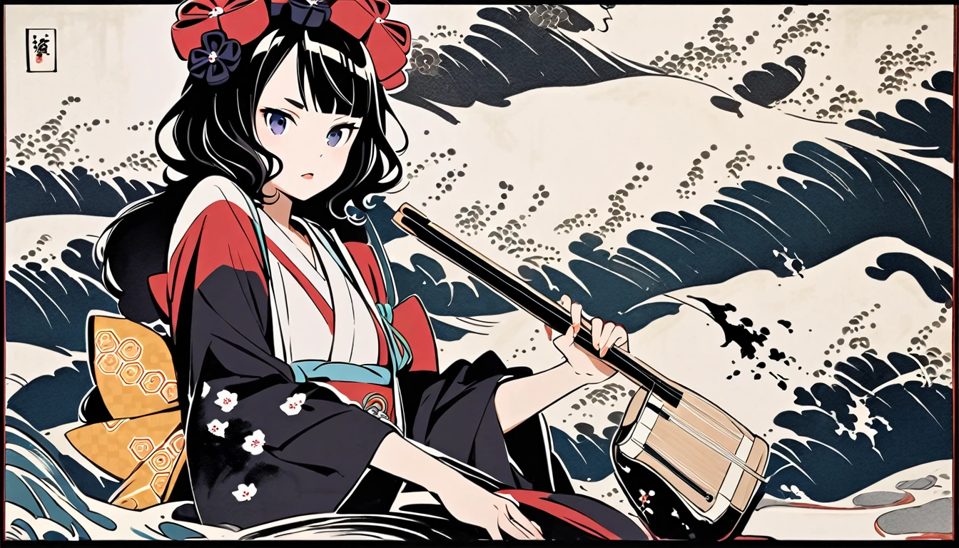 (((Katsushika Hokusai))), (((Ink Painting))), ((very straight longhair)), ((1 girl)), ((Play Shamisen)), ((beautiful girl)), Japanese style headphones, Black Hair, Delicate and precise, Modern ukiyo-e style