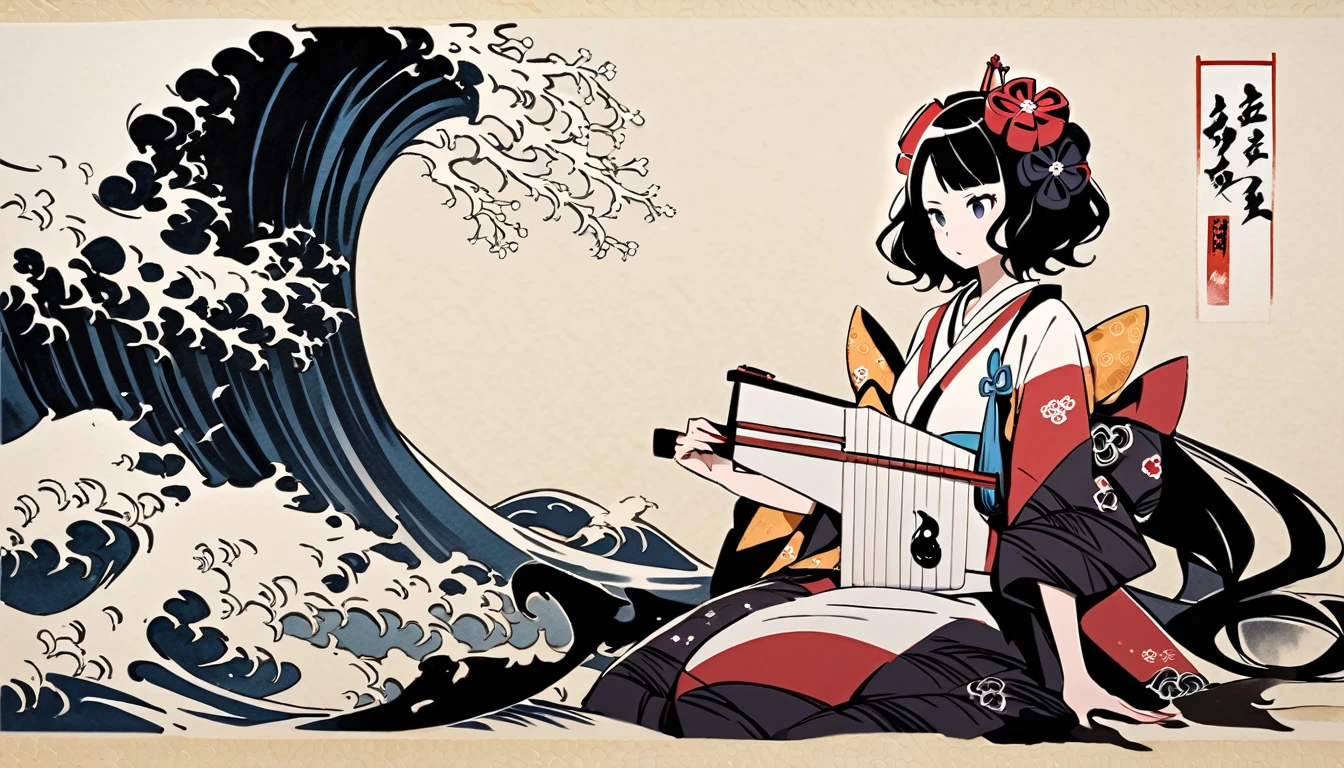 (((Katsushika Hokusai))), (((Ink Painting))), ((very straight longhair)), ((1 girl)), ((Play Shamisen)), ((beautiful girl)), Japanese style headphones, Black Hair, Delicate and precise, Modern ukiyo-e style