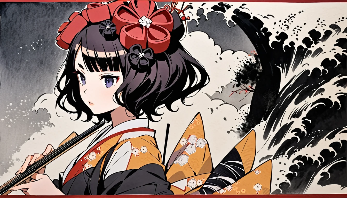 (((Katsushika Hokusai))), (((Ink Painting))), ((very straight longhair)), ((1 girl)), ((Play Shamisen)), ((beautiful girl)), Japanese style headphones, Black Hair, Delicate and precise, Modern ukiyo-e style