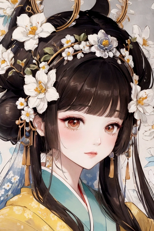 Close-up of a lady with a flower in her hair, Mei Qing's detailed paintings, cg,Ukiyo-e, Beautiful character painting, Girl wearing Hanfu in the palace, artwork in the style of Gu Weiss, A beautiful artistic illustration, Gu Weiss, yanjun chengt, Ghost Festival, yun ling