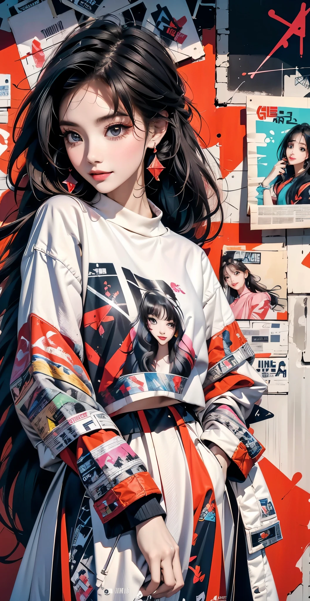 Flat Illustration artwork, ((Angelababy)) in a dress standing in front of simple background, up close, ((Art style by Patrick Nagel)), ((8k, wallpaper, detailed)), dark sunglasses, korean pop-star, big smile, black hair, pretty hands, fringe, simple red background, palm trees, (graffiti wall:1.2), strong, courageous, art by Patrick Nagel, music album art cover