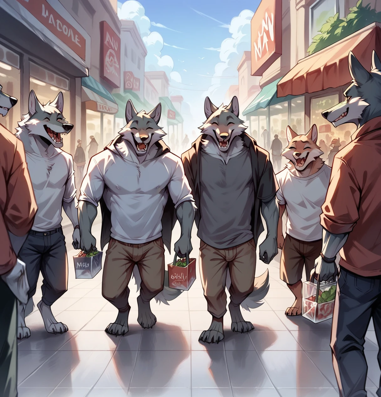 Exaggeratedly toned muscular wolf with gray fur.  With small penis walking in a shopping center. Two women see him. 3 men laugh at him because they are wolves