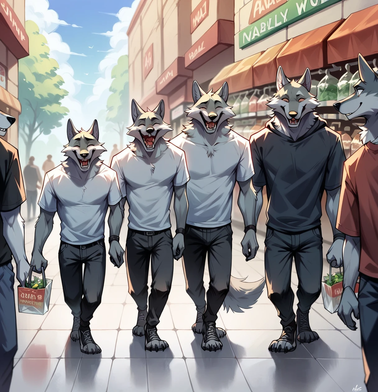 Exaggeratedly toned muscular wolf with gray fur. With small penis walking in a shopping center. Two women see him. 3 men laugh at him because they are wolves