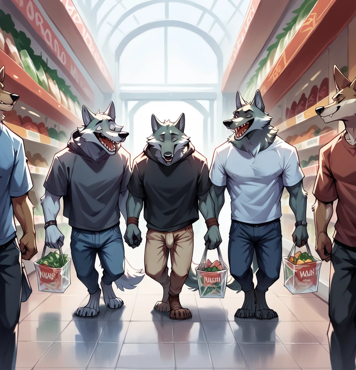 Exaggeratedly toned muscular wolf with gray fur.  With small penis walking in a shopping center. Two women see him. 3 men laugh at him because they are wolves