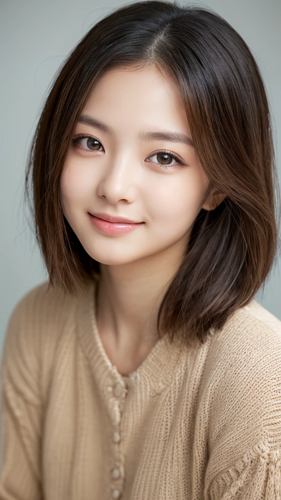 (1girl), ponytail, Extremely cute face, Amazing face and eyes, (Highly detailed eyes, Highly detailed face), fresh, Very clean appearance, (Hyper-realistic, hight resolution), (Best Quality:1.4), (hyper quality), Authentic skin texture, Raw photo, (Realistic, Photorealsitic:1.37), highly detailed, girl portrait, Japanese beautiful girl, the most beautiful girl in the world,  short hair, LOL,smile
