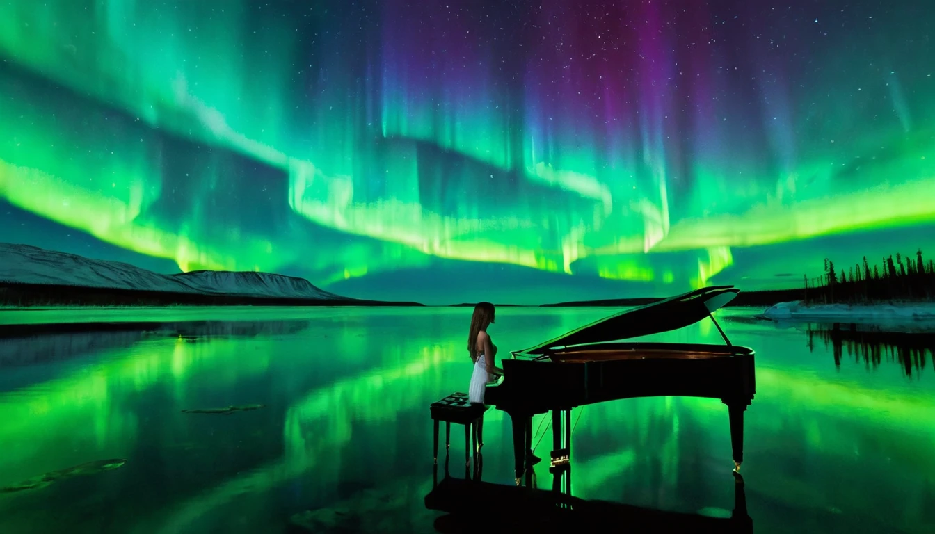 A mysterious and enchanting scene with one piano placed on the water under a sky full of aurora borealis. ((A beautiful woman is standing in front of the piano.)) The water surface reflects the view of the Northern Lights and is surrounded by silence. The piano is lit up and looks even more divine.