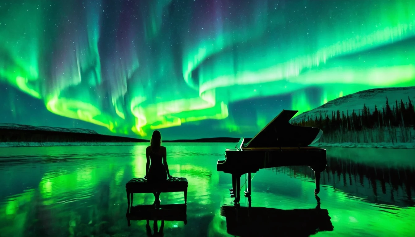 A mysterious and enchanting scene with one piano placed on the water under a sky full of aurora borealis. ((A beautiful woman is standing in front of the piano.)) The water surface reflects the view of the Northern Lights and is surrounded by silence. The piano is lit up and looks even more divine.