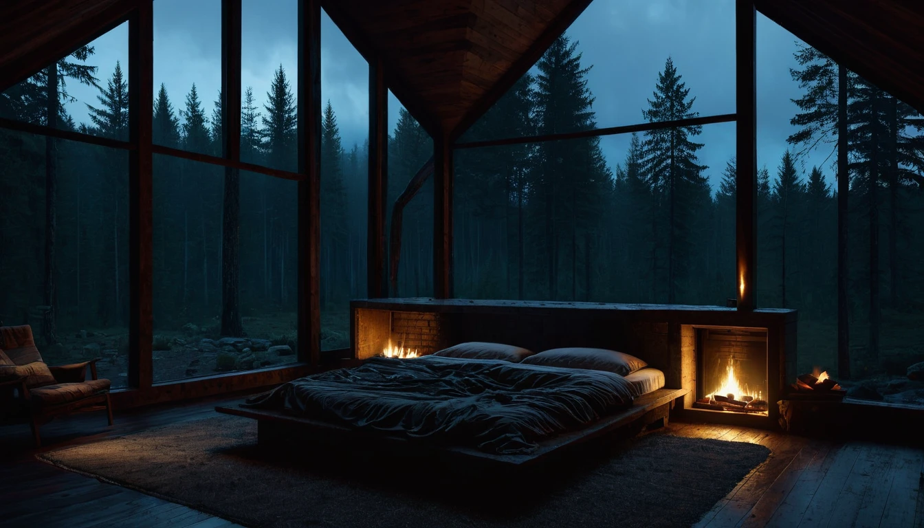 
dimly lit bedroom with fireplace and wood burning bed, large windows to the forest at night, beautiful and cinematic lighting, cozy place, cryengine render 8 k, cabin in the forest, minimalist pyramid room shape, pyramid glass, very forest background dark, lots of column windows, dark, pillows and blankets, large windows, minimalist windows, lots of boxes, minimalist windows facing the forest, quiet night. the picture is original, rainy night. original rendering, stunning, rainy night, gloomy, dark gloomy cinematic lighting, atmosphere, landscape, vast forest, moody, dramatic lighting. cinematic, cinematic, atmospheric shots, gloomy weather. hyperrealistic, atmospheric rendering, rainy night, huge gloomy forest, cinematic,