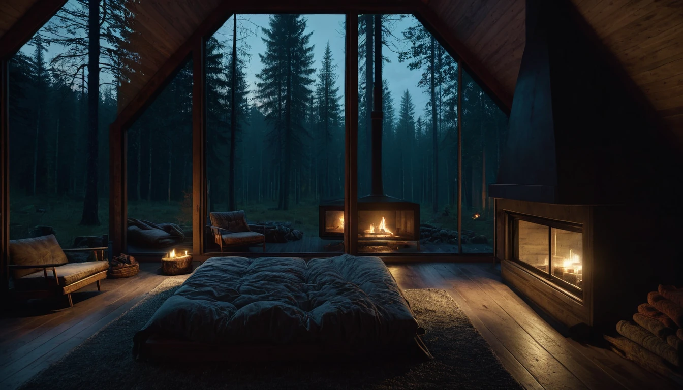 dimly lit bedroom with fireplace and wood burning bed, large windows to the forest at night, beautiful and cinematic lighting, cozy place, cryengine render 8 k, cabin in the forest, minimalist pyramid room shape, pyramid glass, very forest background dark, lots of column windows, dark, pillows and blankets, large windows, minimalist windows, lots of boxes, minimalist windows facing the forest, quiet night. the picture is original, rainy night. original rendering, stunning, rainy night, gloomy, dark gloomy cinematic lighting, atmosphere, landscape, vast forest, moody, dramatic lighting. cinematic, cinematic, atmospheric shots, gloomy weather. hyperrealistic, atmospheric rendering, rainy night, huge gloomy forest, cinematic,