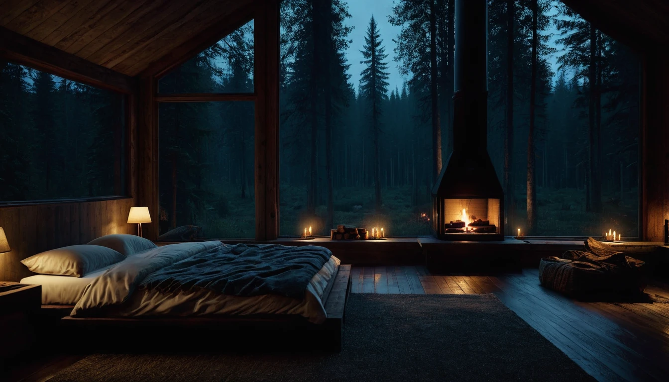 dimly lit bedroom with fireplace and wood burning bed, large windows to the forest at night, beautiful and cinematic lighting, cozy place, cryengine render 8 k, cabin in the forest, minimalist pyramid room shape, pyramid glass, very forest background dark, lots of column windows, dark, pillows and blankets, large windows, minimalist windows, lots of boxes, minimalist windows facing the forest, quiet night. the picture is original, rainy night. original rendering, stunning, rainy night, gloomy, dark gloomy cinematic lighting, atmosphere, landscape, vast forest, moody, dramatic lighting. cinematic, cinematic, atmospheric shots, gloomy weather. hyperrealistic, atmospheric rendering, rainy night, huge gloomy forest, cinematic,