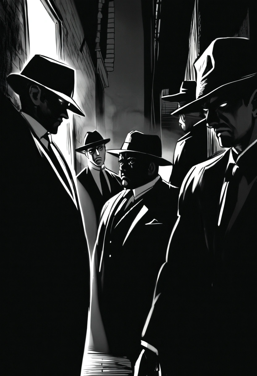 (best qualityer, high resolution), five gangster men, Thompson machine guns, Chicago Central Bank robbery, old car, cigar smoke, sharp suit, fedora hat, intense gaze, dramatic lighting, monochrome, film noir style, dark alley, crime boss, mysterious atmosphere, suspense dinner, menacing look