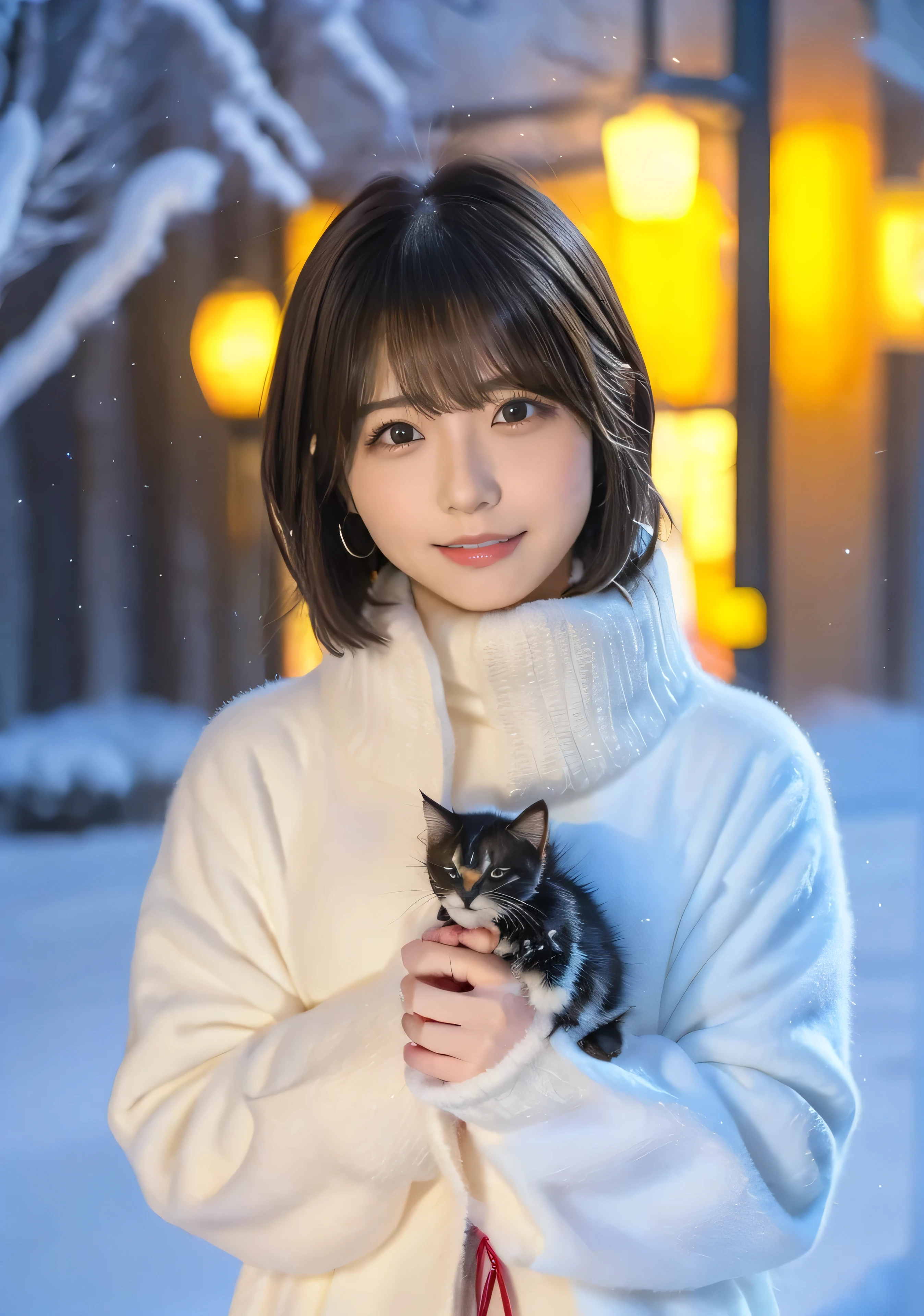 Holding a kitten、Photo from the waist up、Night city illumination shot、Cowgirl Shot、Fur coat、Luxurious grey mink fur coat、Wear fine leather boots、Luxury Bags、Inner turtleneck、Silver necklace and small silver earrings Millionaire style:1.4))、Full body photo、smile、 Caustics、Highly detailed photos、Very beautiful woman 、Ample breasts、No makeup、(8K、RAW Photos、Highest quality、masterpiece:1.2)、(Realistic、Realistic)、1 Girl、((Medium Short Hair、Midwinter、Cold region Snow falling、The wind is blowing、Fluttering Hair、Blur the background、Colorful illuminations、Looking into the camera:1.4))、