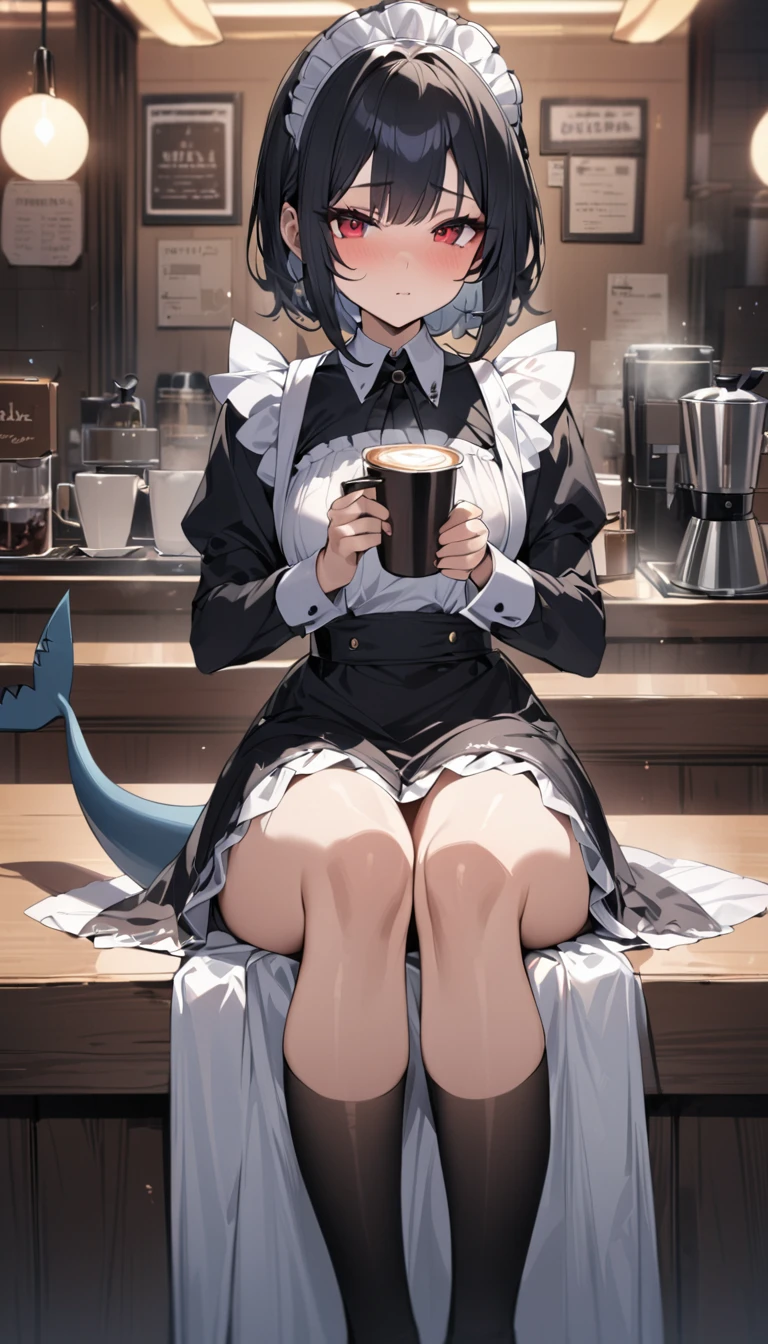 (masterpiece:1.2),Best quality,Perfect Anatomy,Very detailed,1 Girl,Solitary, high resolution,Red eyes,Black short hair,Maid costume,sitting in café,Holding a cup of coffee,High and cold,Black socks that fully cover the thighs,Black shark tail