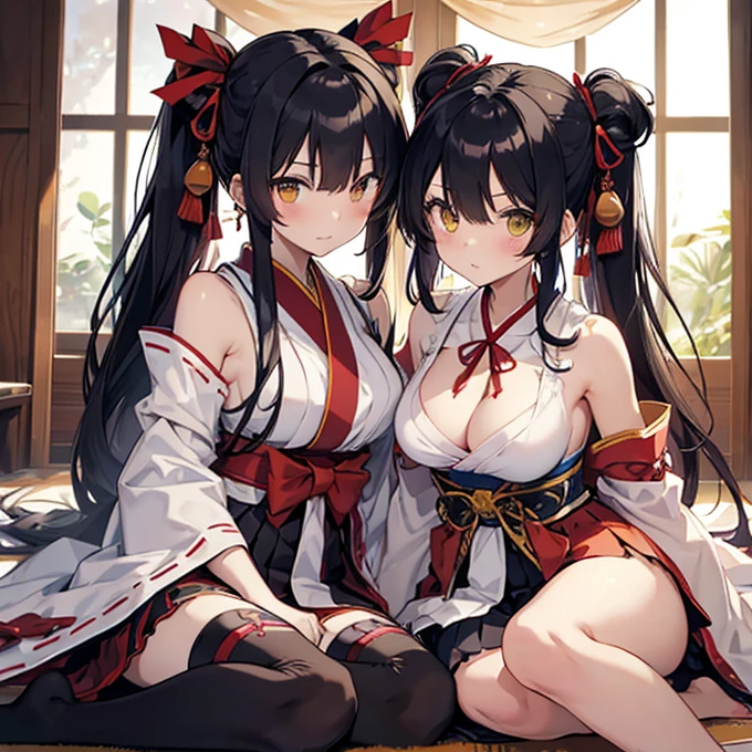 multiple girls, two girls, pair, twins, long hair, ponytail, breasts, looking at viewer, black hair, hair accessory, gloves, sitting, yellow eyes, thighs, white gloves, exposed navel, thigh straps, heterochromia, skimpy clothing, chest curtains, very large breasts, sleeves removed, kimono, sky, wide sleeves, armpits, , red ribbon, bells, sideboob, ribbon trim, hakama, hakama skirt, non-traditional shrine maiden, ribbon trimmed sleeves, shrine maiden, tabi, short hakama skirt, red hakama, hip vents, ribbon trimmed legwear,