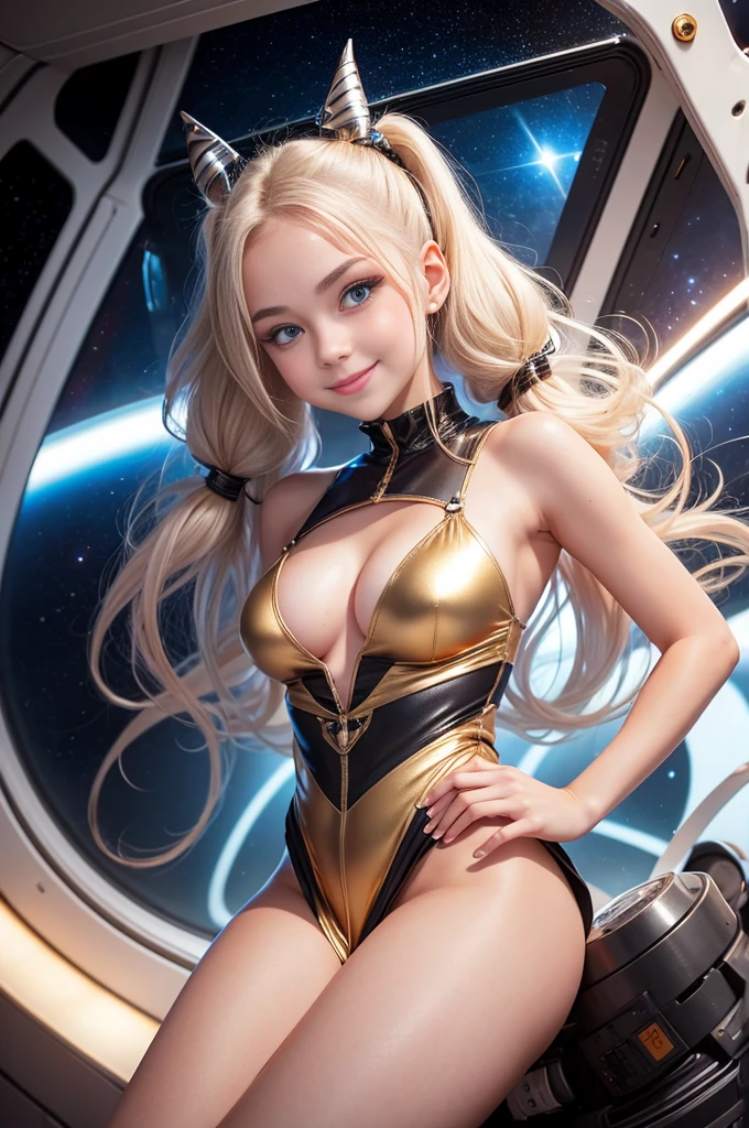 Best Quality, Masterpiece, 8k, RAW (overhead view) Cute gold with   hair tips, ribbons in her hair, -yeld wo, happy, Sexi and excited expression, smiling, in twin tails, perfect eyes, clear sparkling blue eyes, pale skin, silky smooth white skin, alabaster skin, flying a fancy metal luxurious space ship, futuristic cockpit, she's a pilot, outer space seen in windows, dark warm lighting, wearing a futuristic party dress, low cut top, pleated (chemise) transparent mini dress , silk, pantyhose, cute short cut booties, boots.Sexi posisions.