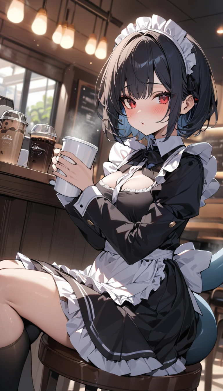 (masterpiece:1.2),Best quality,Perfect Anatomy,Very detailed,1 Girl,Solitary, high resolution,Red eyes,Black short hair,Maid costume,Black shark tail,sitting in café,Holding a cup of coffee,High and cold,Black socks