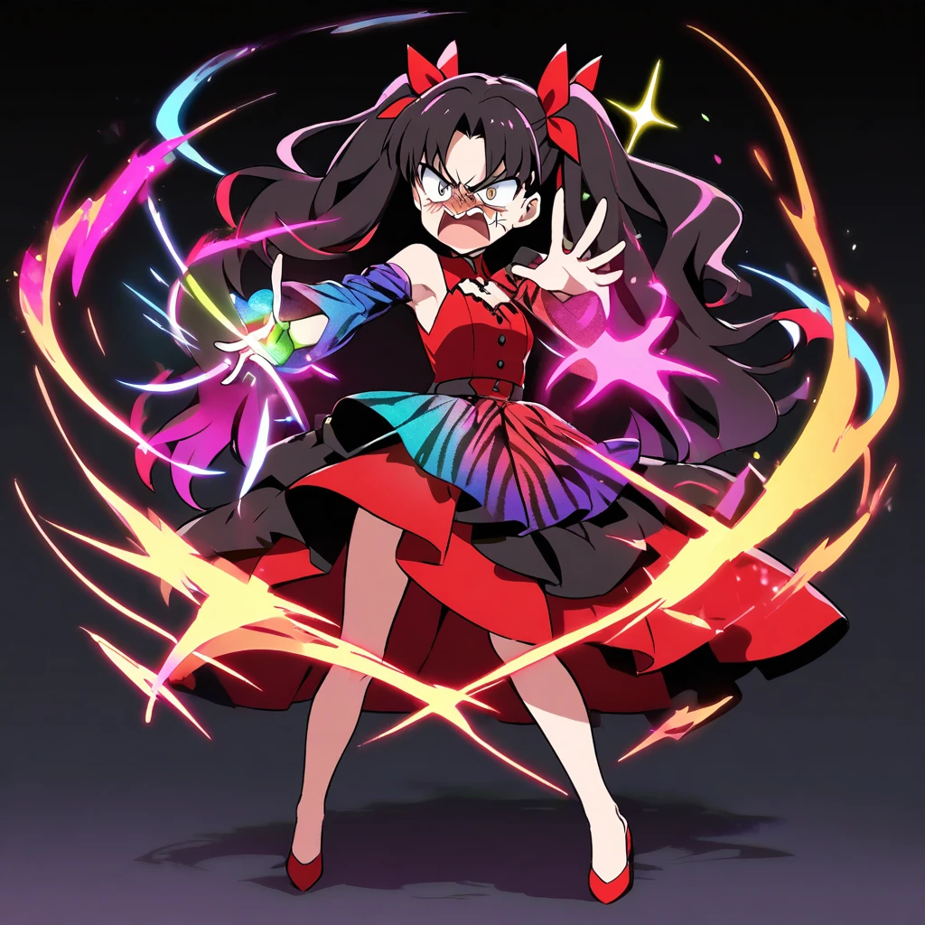 angry, show magic, colorful hair, (Tohsaka Rin), fullbody , full body