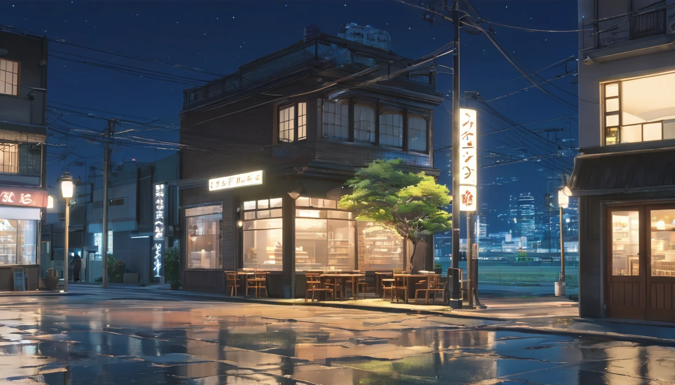 Generate an image of a deserted street at night with a lofi aesthetic coffee shop, highlighting the illuminated sign and the lamp posts in the background, makoto shinkai&#39;conceptual artwork, tumblr, magical realism, cute anime dinners, cloudy sky, chilly. por Makoto Shinkai, ( ( makoto shinkai ) ), anime background art, anime backgrounds, makoto shinkai&#39;styled, anime movie backgrounds, sin humanos.