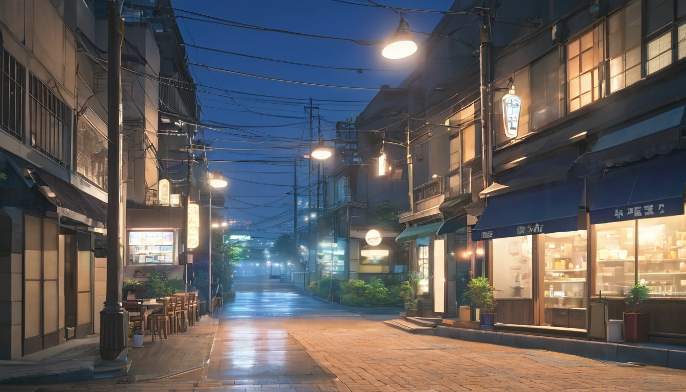 Generate an image of a deserted street at night with a lofi aesthetic coffee shop, highlighting the illuminated sign and the lamp posts in the background, makoto shinkai&#39;conceptual artwork, tumblr, magical realism, cute anime dinners, cloudy sky, chilly. por Makoto Shinkai, ( ( makoto shinkai ) ), anime background art, anime backgrounds, makoto shinkai&#39;styled, anime movie backgrounds, sin humanos.