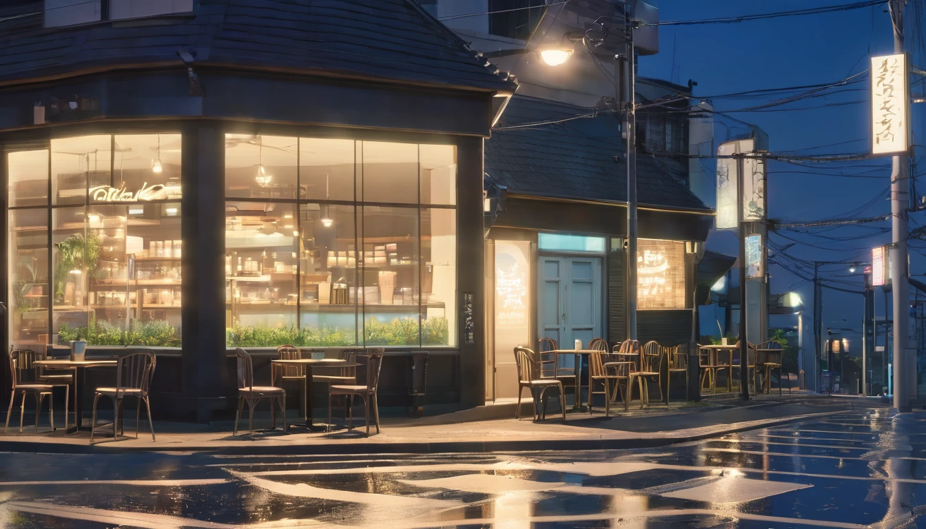 Generate an image of a deserted street at night with a lofi aesthetic coffee shop, highlighting the illuminated sign and the lamp posts in the background, makoto shinkai&#39;conceptual artwork, tumblr, magical realism, cute anime dinners, cloudy sky, chilly. por Makoto Shinkai, ( ( makoto shinkai ) ), anime background art, anime backgrounds, makoto shinkai&#39;styled, anime movie backgrounds, sin humanos.